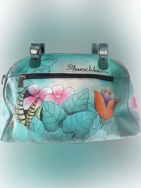 Anuschka Teal Turquoise Floral And Parrot Painted Leather Shoulder Bag